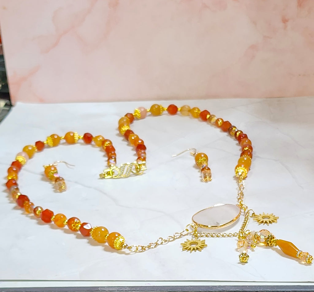 Pink Aventurine & Carnelian Sun Charm Necklace and Earring Set – Healing Crystal Jewelry, Boho Summer Jewelry, Handmade Gift for Her