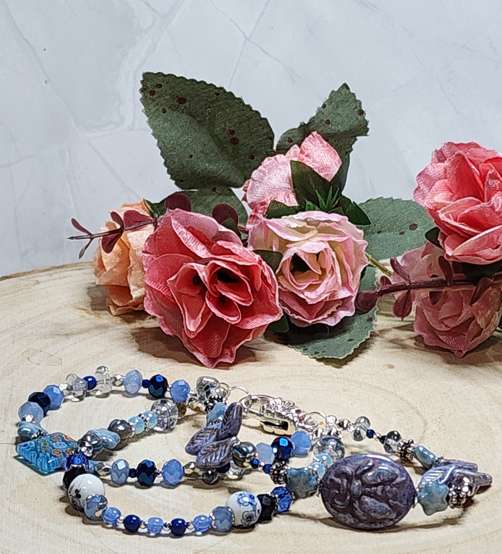 Triple Strand Bee Bracelet • Blue & Silver Beaded Layers • Artisan Nature Jewelry