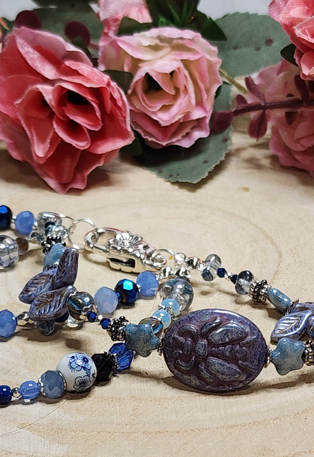 Triple Strand Bee Bracelet • Blue & Silver Beaded Layers • Artisan Nature Jewelry