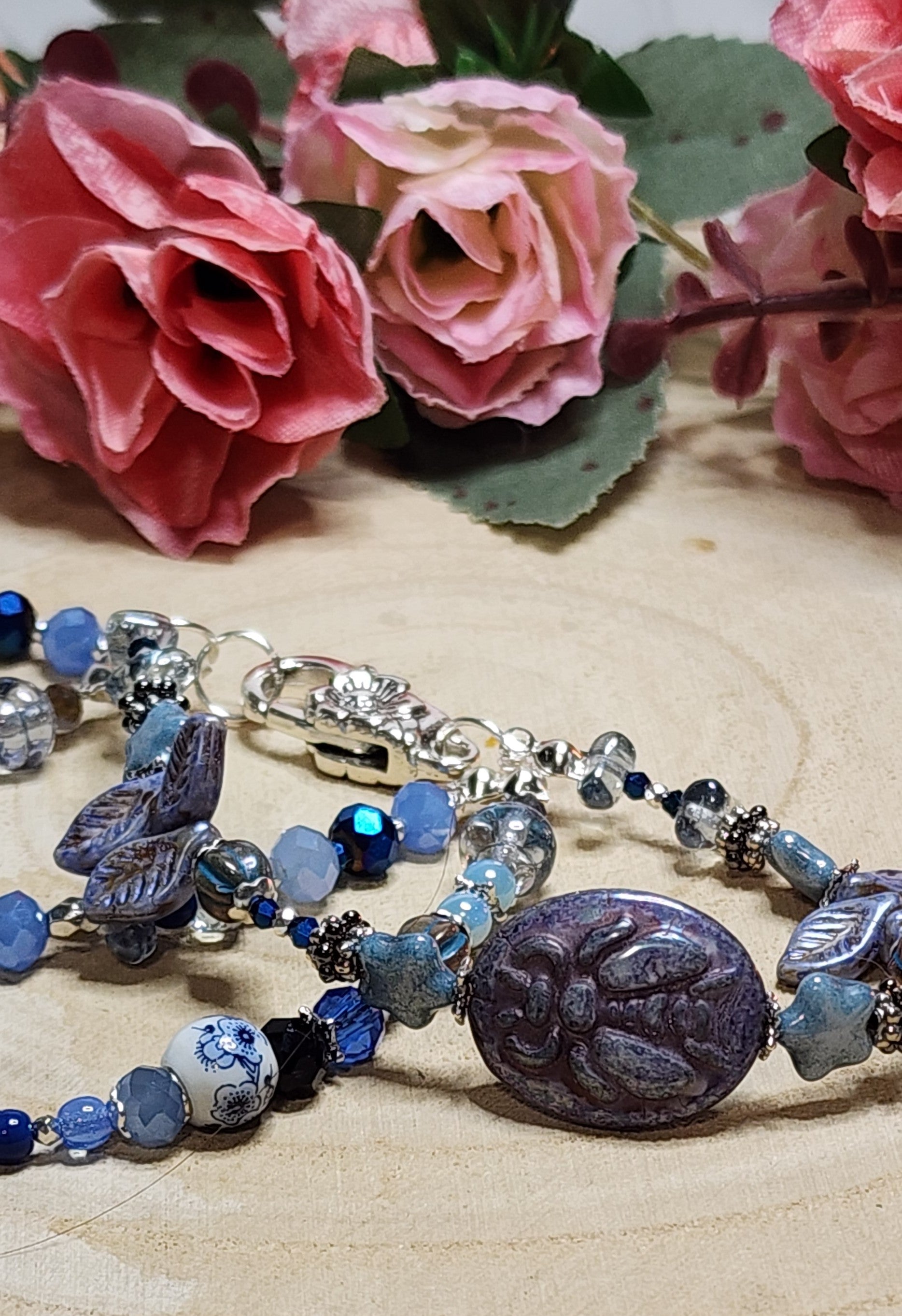 Triple Strand Bee Bracelet • Blue & Silver Beaded Layers • Artisan Nature Jewelry