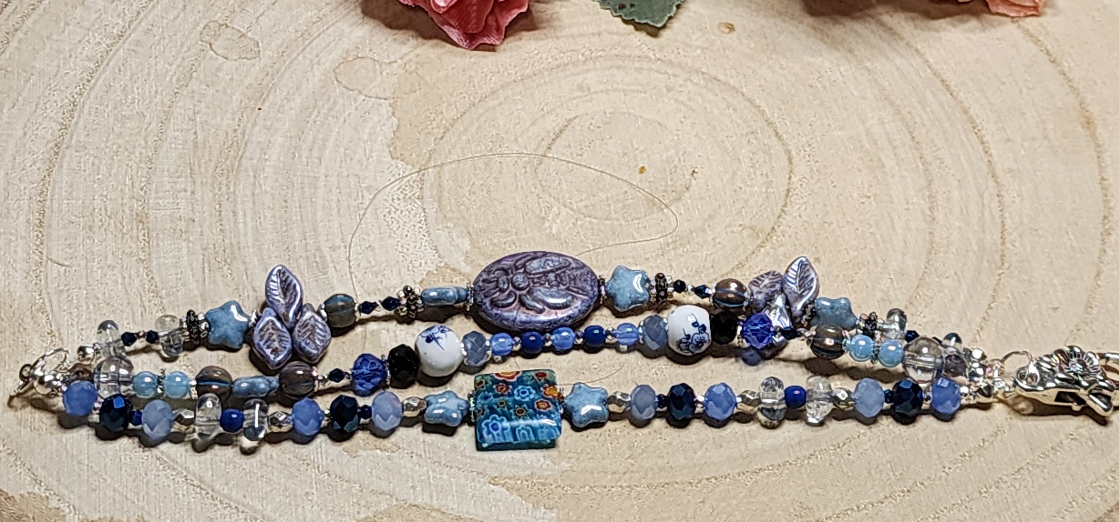 Triple Strand Bee Bracelet • Blue & Silver Beaded Layers • Artisan Nature Jewelry
