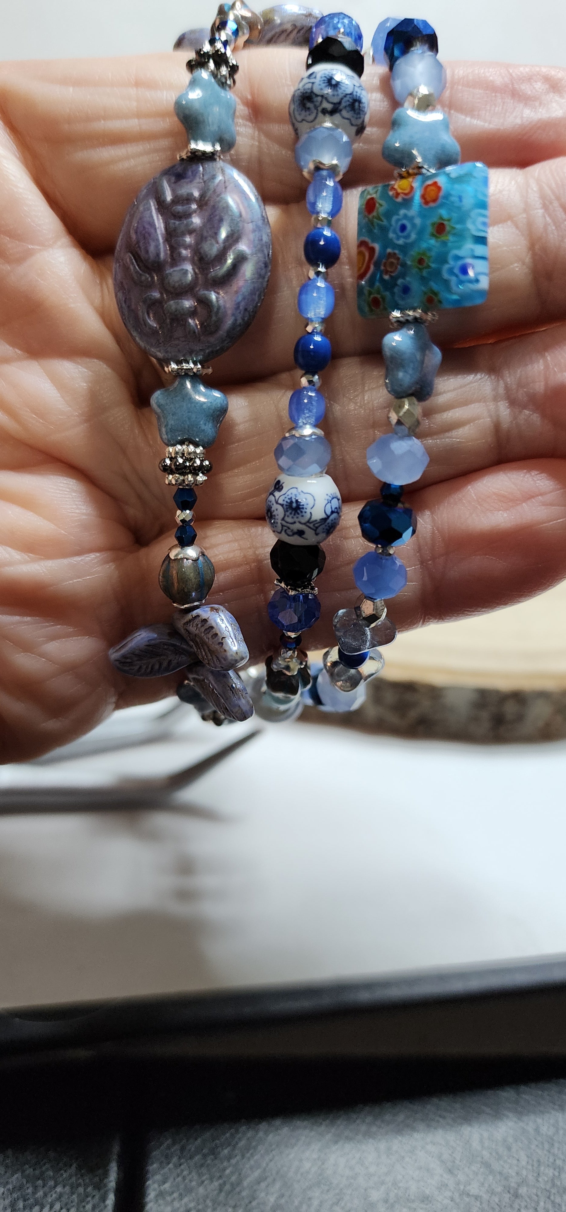 Triple Strand Bee Bracelet • Blue & Silver Beaded Layers • Artisan Nature Jewelry