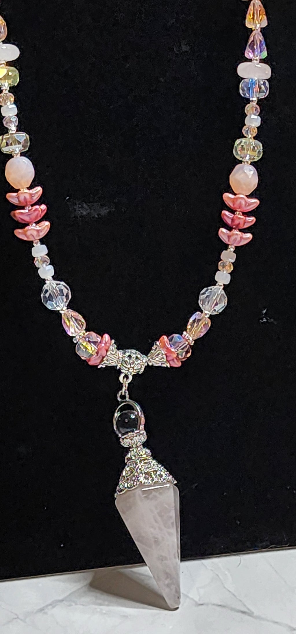 Rose Quartz Pendant Necklace & Earring Set – Crystal Point Statement Jewelry, Pink Boho Beaded Necklace, Healing Crystal Gift for Her