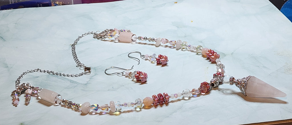 Rose Quartz Pendant Necklace & Earring Set – Crystal Point Statement Jewelry, Pink Boho Beaded Necklace, Healing Crystal Gift for Her