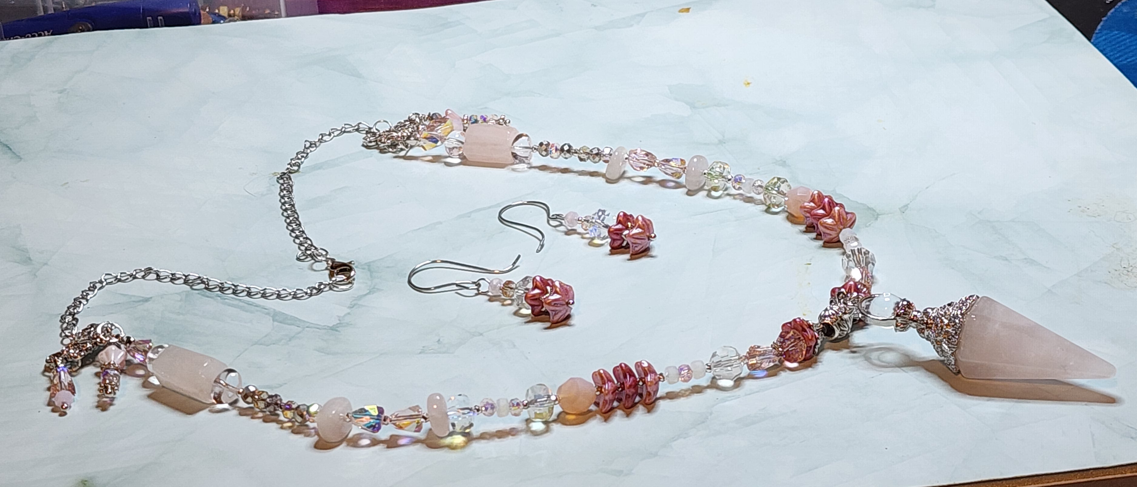 Rose Quartz Pendant Necklace & Earring Set – Crystal Point Statement Jewelry, Pink Boho Beaded Necklace, Healing Crystal Gift for Her