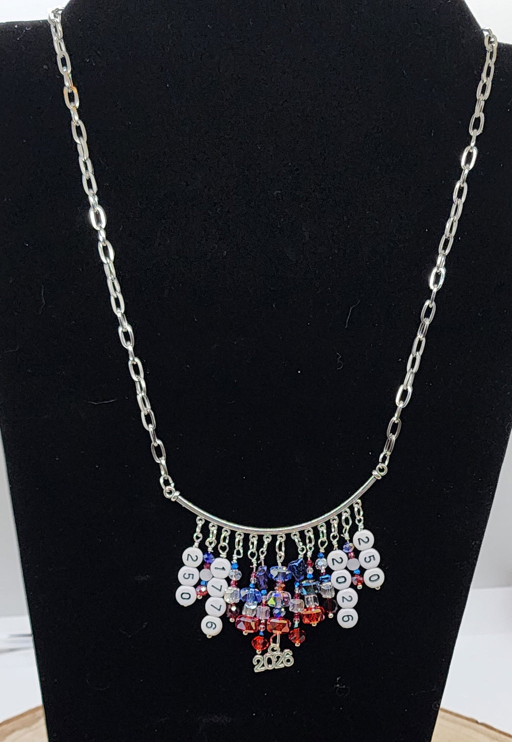 America’s 250th Birthday Necklace – Red, White & Blue Crystal Charm Jewelry 🎆