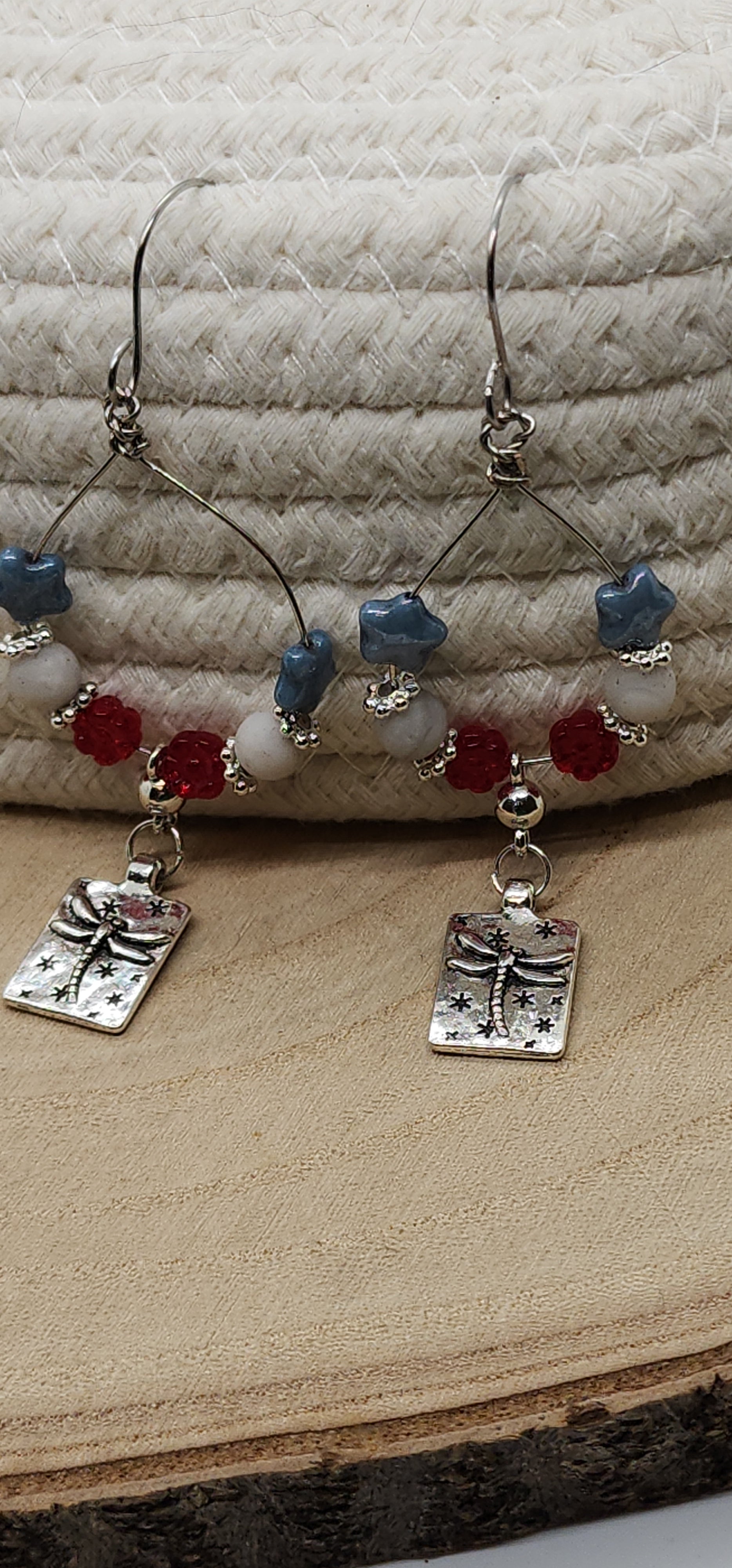 Red White and Blue Beaded Hoop Earrings With Dragonfly Charm-Americas 250th Birthday Celebration