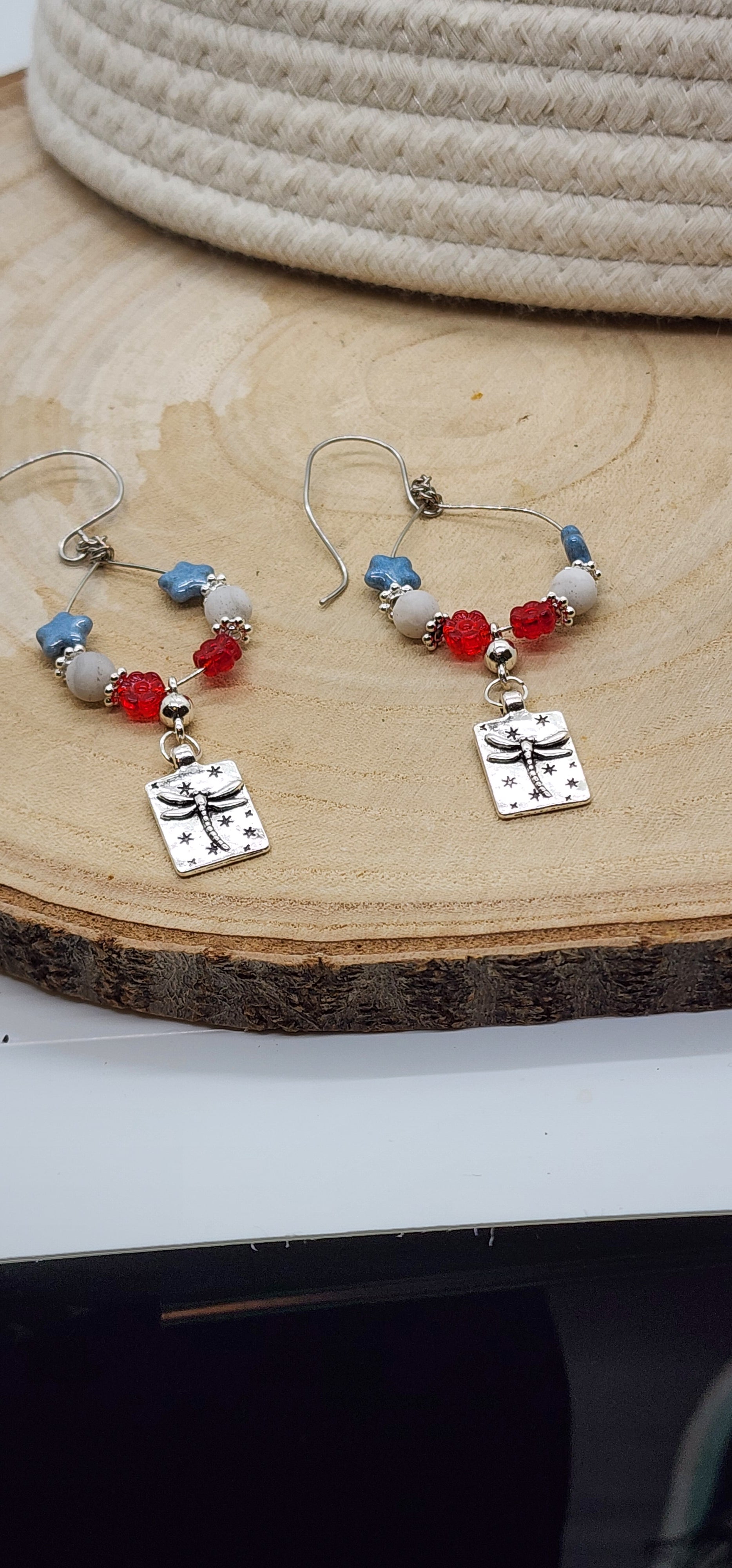 Red White and Blue Beaded Hoop Earrings With Dragonfly Charm-Americas 250th Birthday Celebration