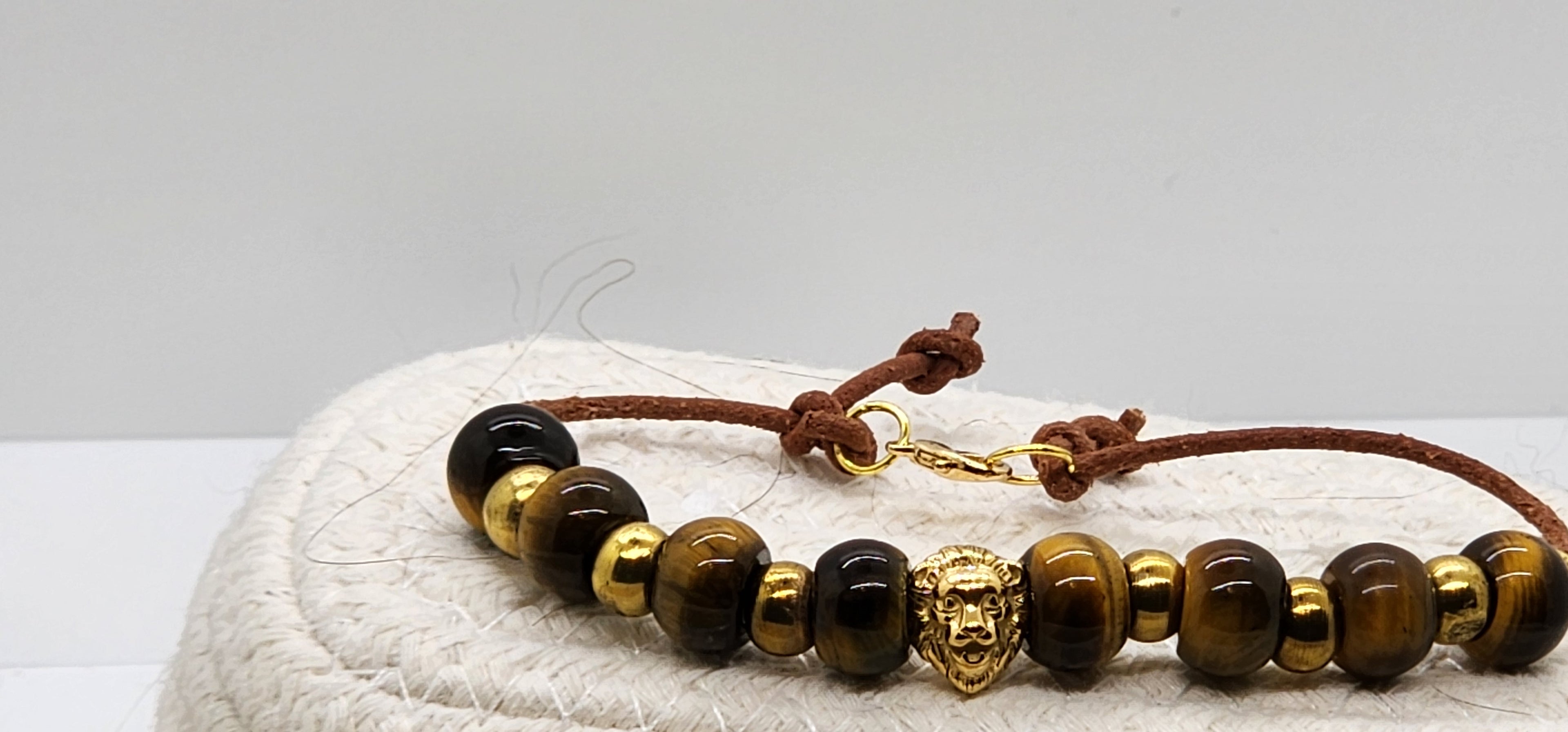 Father’s Day Tiger Eye & Leather Bracelet – Gold Lion Accent for Strength & Style 🦁✨