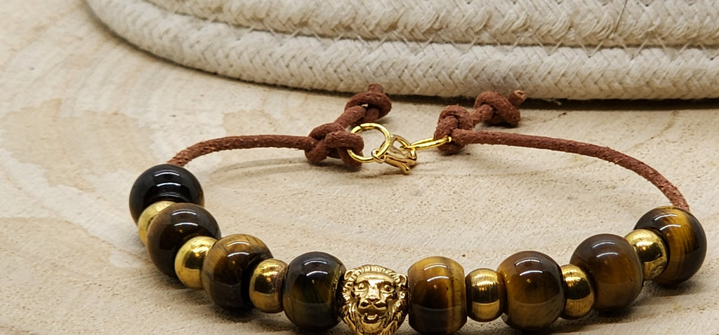 Father’s Day Tiger Eye & Leather Bracelet – Gold Lion Accent for Strength & Style 🦁✨