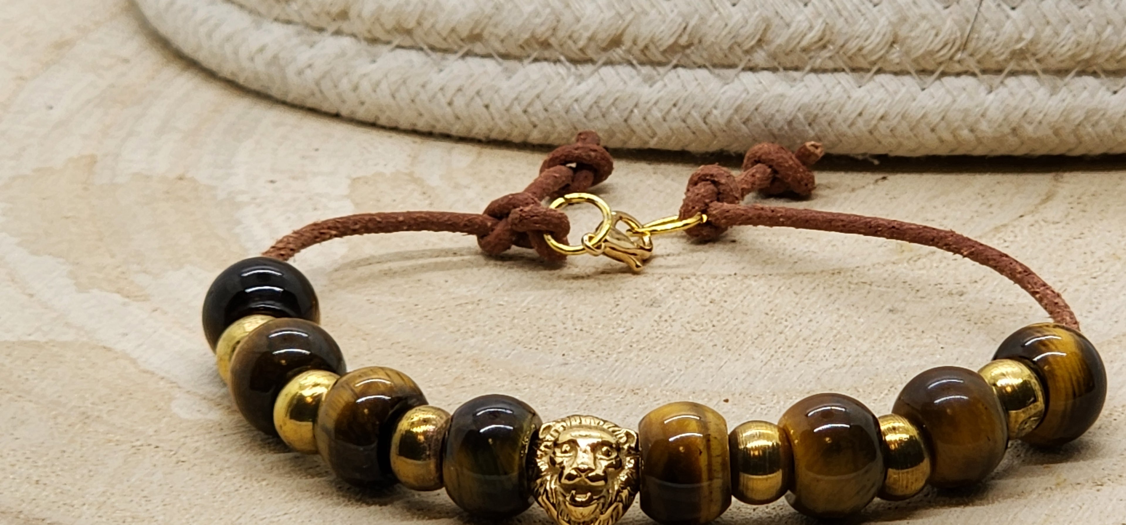 Father’s Day Tiger Eye & Leather Bracelet – Gold Lion Accent for Strength & Style 🦁✨