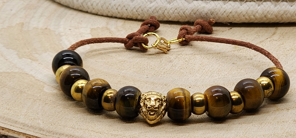 Father’s Day Tiger Eye & Leather Bracelet – Gold Lion Accent for Strength & Style 🦁✨