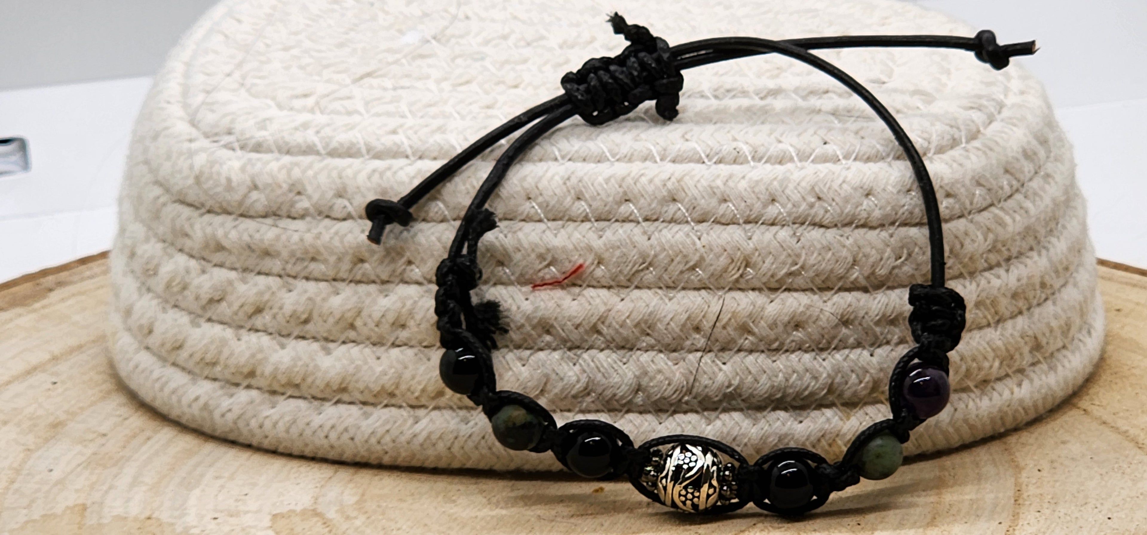 Handmade Black Glass Bead Leather Cord Bracelet for Men | Adjustable Father's Day Gift