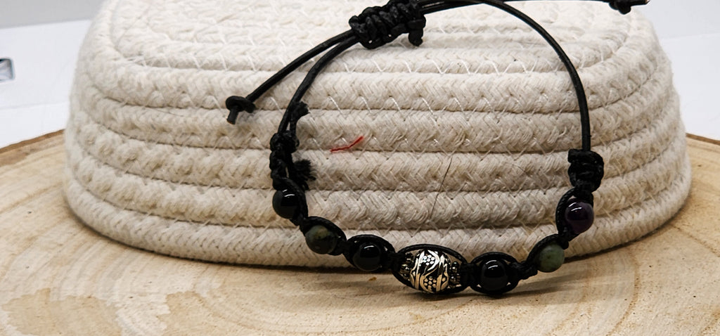 Handmade Black Glass Bead Leather Cord Bracelet for Men | Adjustable Father's Day Gift