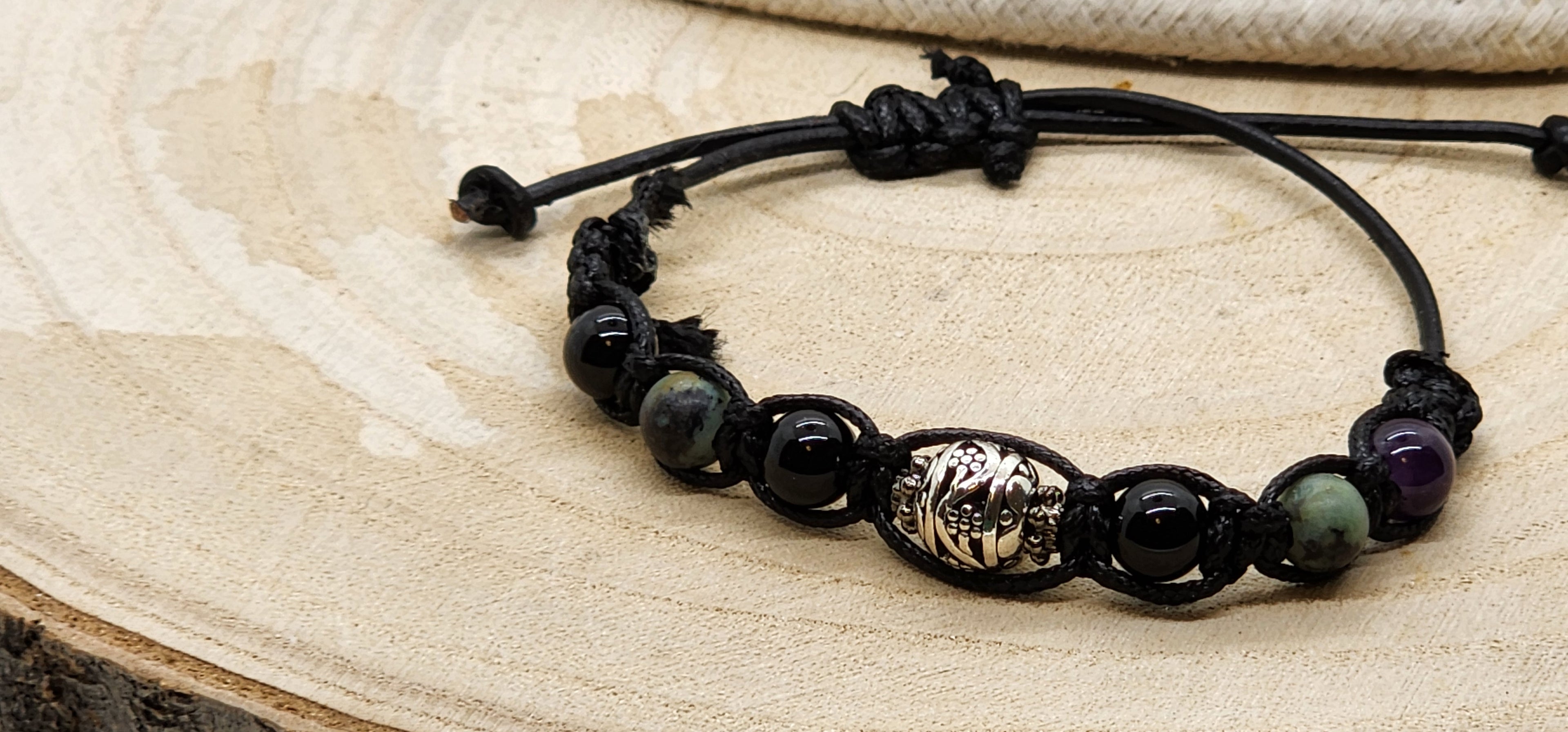 Handmade Black Glass Bead Leather Cord Bracelet for Men | Adjustable Father's Day Gift