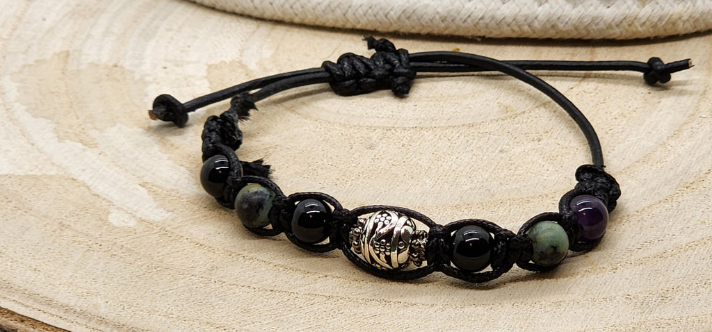 Handmade Black Glass Bead Leather Cord Bracelet for Men | Adjustable Father's Day Gift