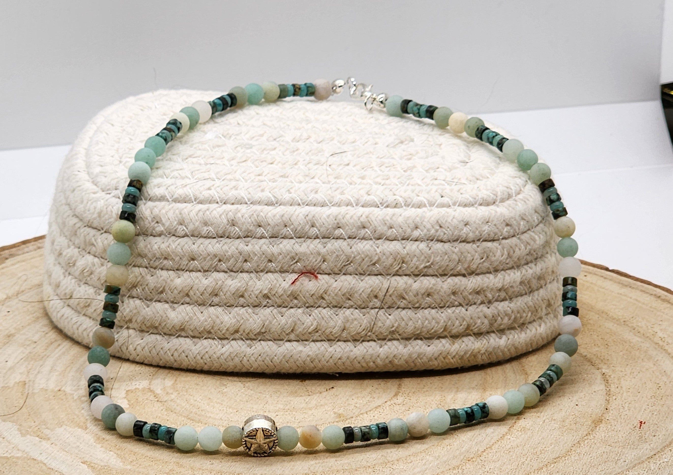 🌟 Amazonite & African  Turquoise Beaded Necklace – Rustic Star Accent | Father’s Day Gift