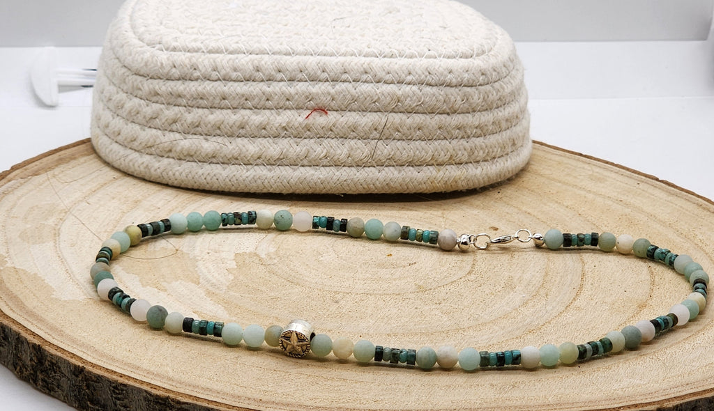 🌟 Amazonite & African  Turquoise Beaded Necklace – Rustic Star Accent | Father’s Day Gift