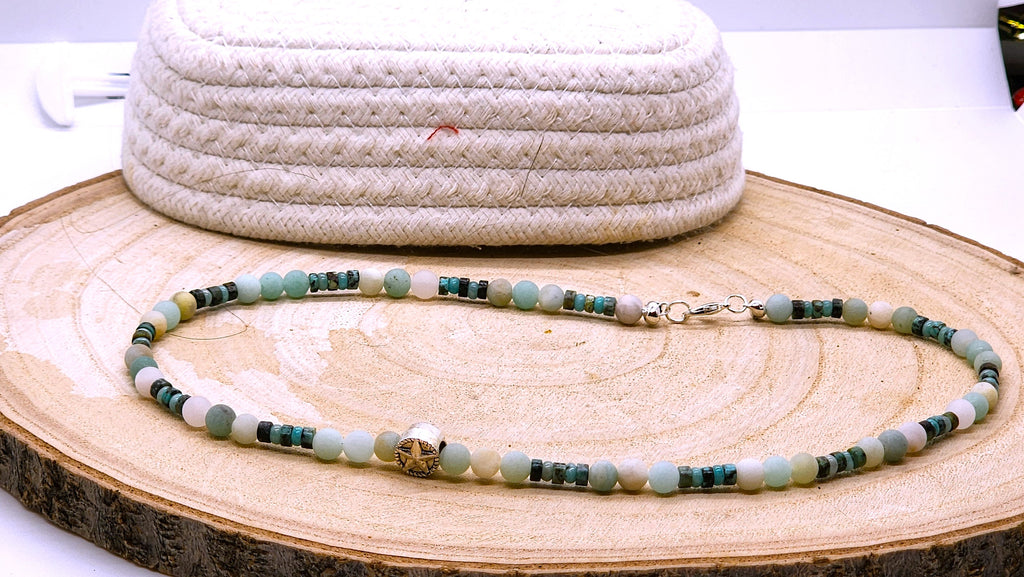 🌟 Amazonite & African  Turquoise Beaded Necklace – Rustic Star Accent | Father’s Day Gift