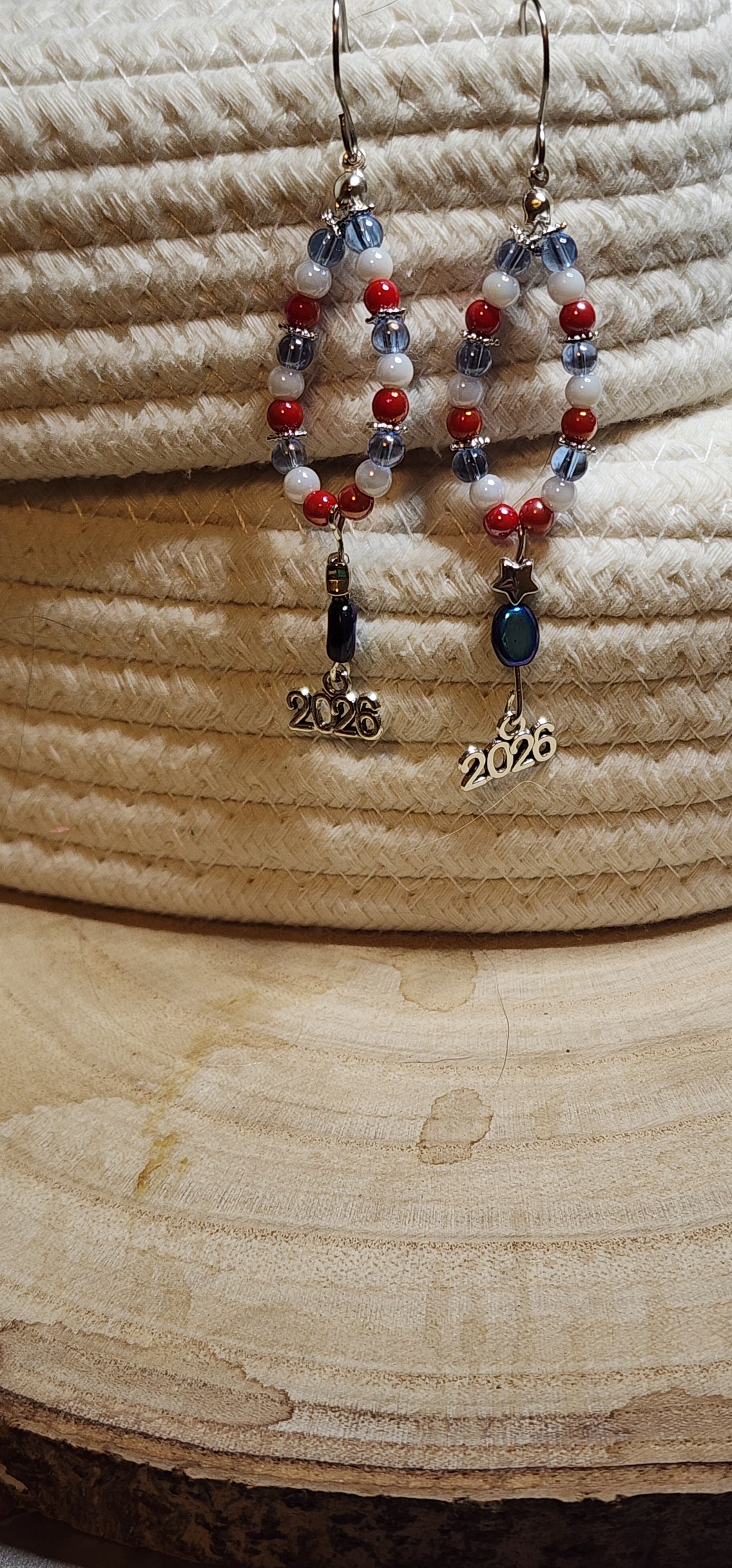 Red, White & Blue 2026 Patriotic Beaded Earrings – Handmade Celebration Jewelry