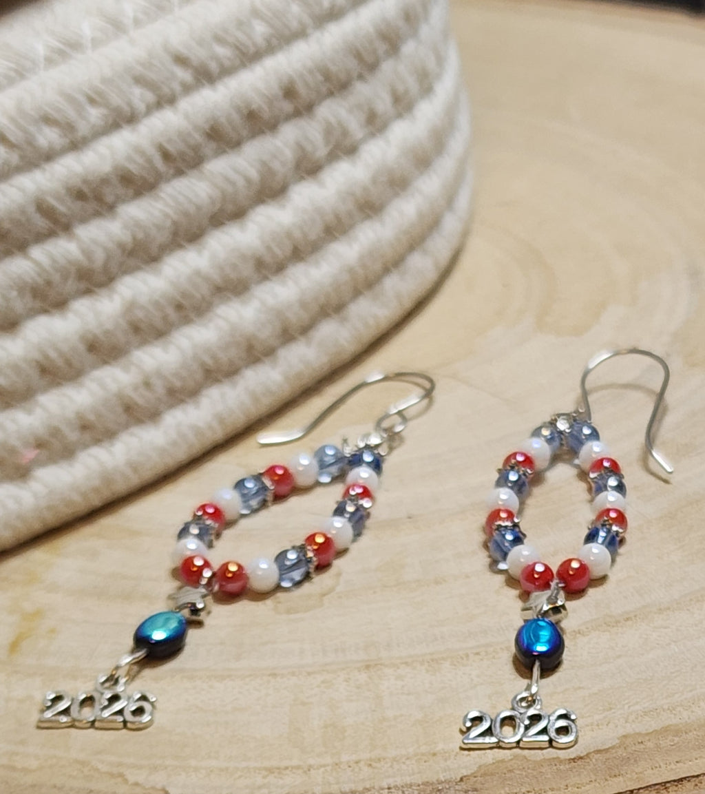 Red, White & Blue 2026 Patriotic Beaded Earrings – Handmade Celebration Jewelry