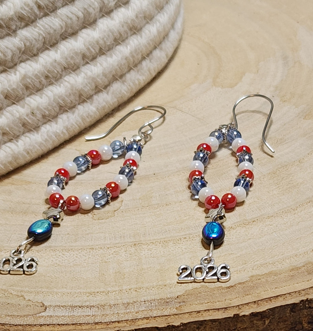 Red, White & Blue 2026 Patriotic Beaded Earrings – Handmade Celebration Jewelry