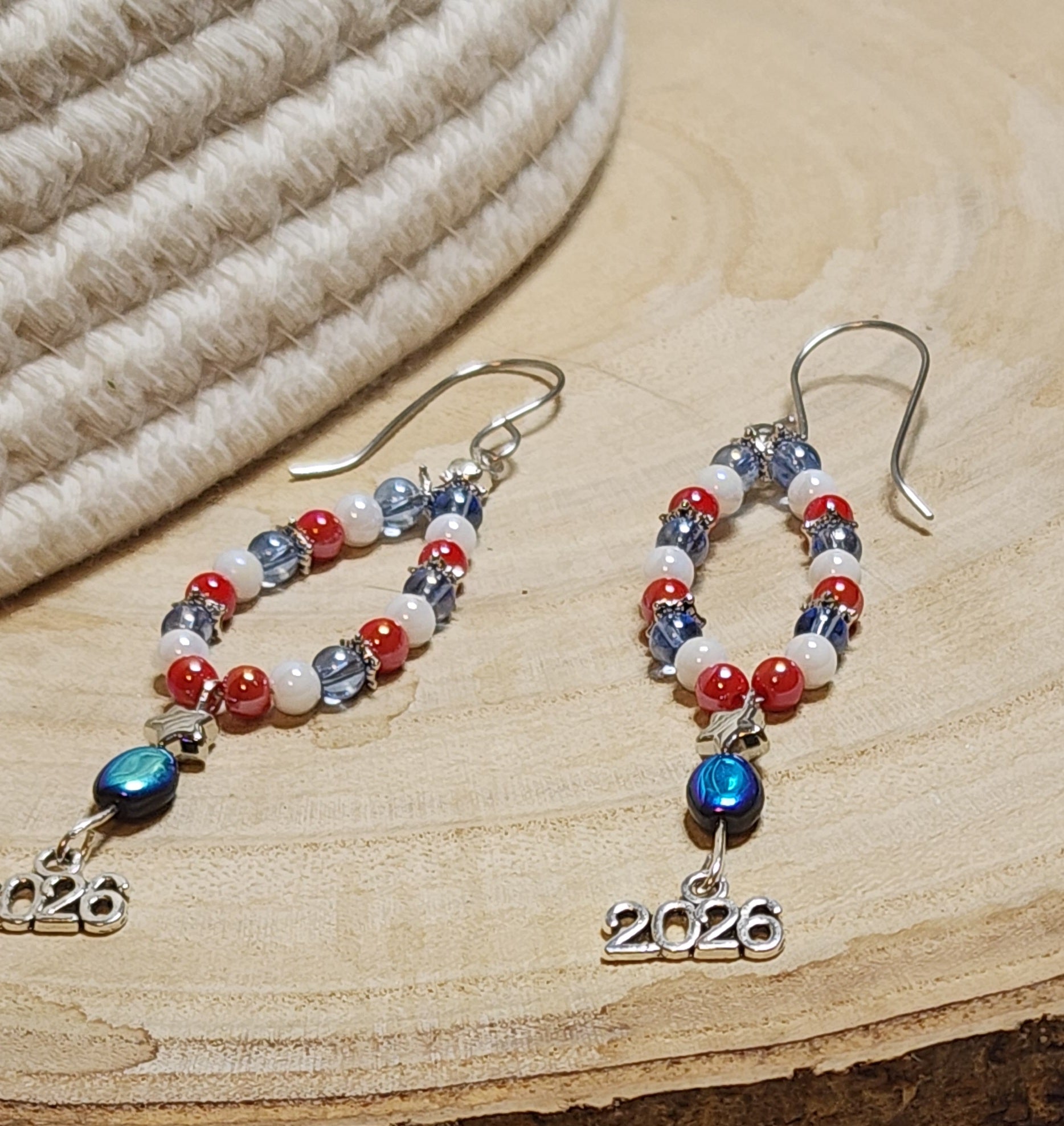 Red, White & Blue 2026 Patriotic Beaded Earrings – Handmade Celebration Jewelry