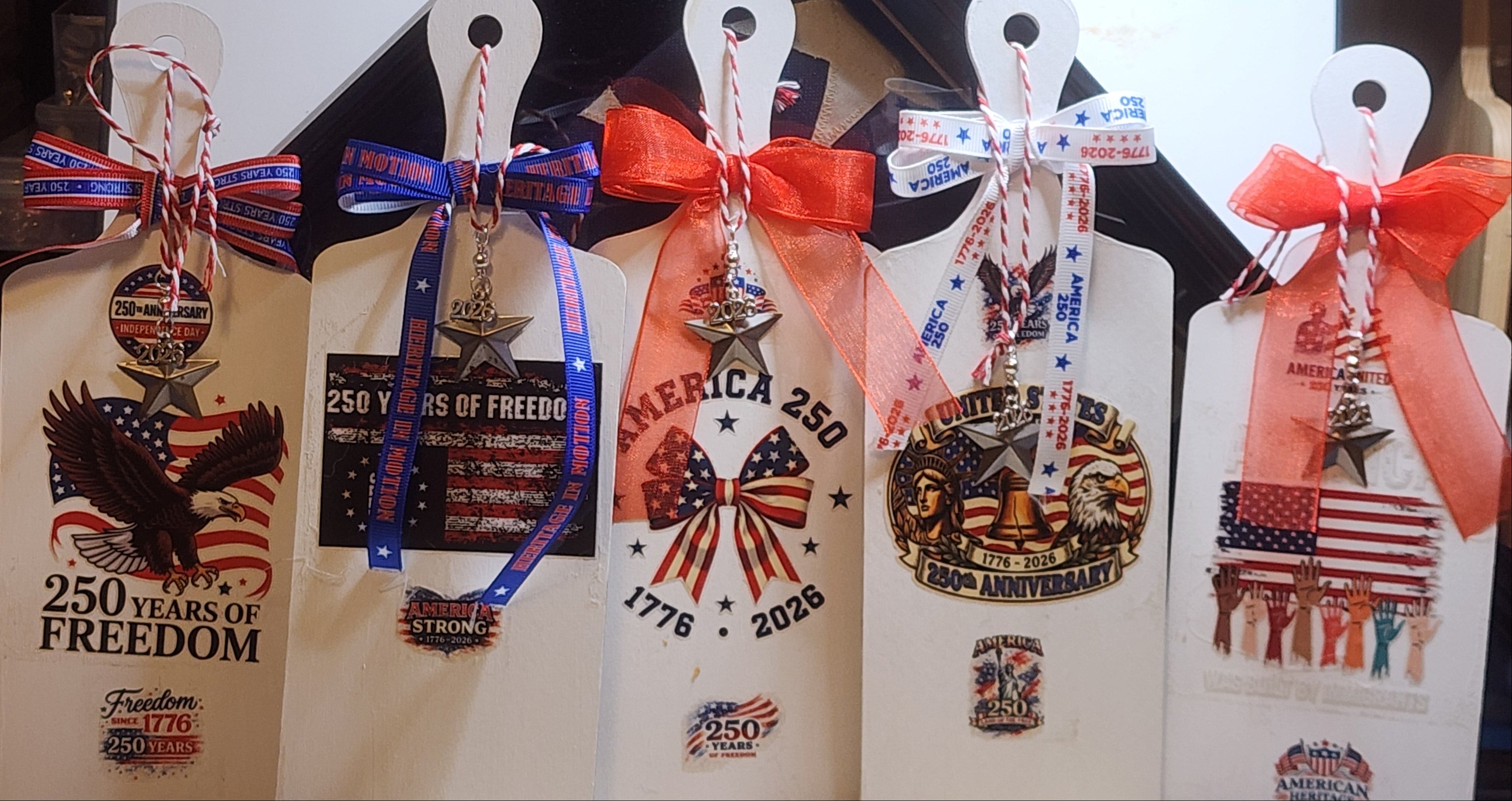 America 250 Patriotic Door Hanger Tags | Handmade Independence Day Decor | USA 250th Anniversary Decorations | Red White & Blue Gift Tags