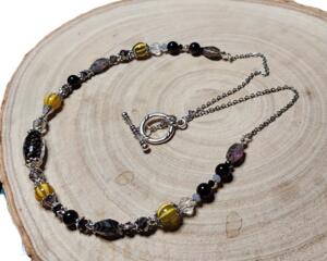Handmade Black & Amber Glass Beaded Necklace | Elegant Earth-Tone Crystal Necklace with Silver Toggle | One of a Kind Artisan Jewelry