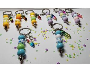 Pastel floral beaded keychain with glass accent  crystal