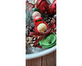 Wooden Christmas ornaments with Santa Claus beads and large green and red jingle bells. Buffalo plaid ribbon on bottom. Whimsical decor