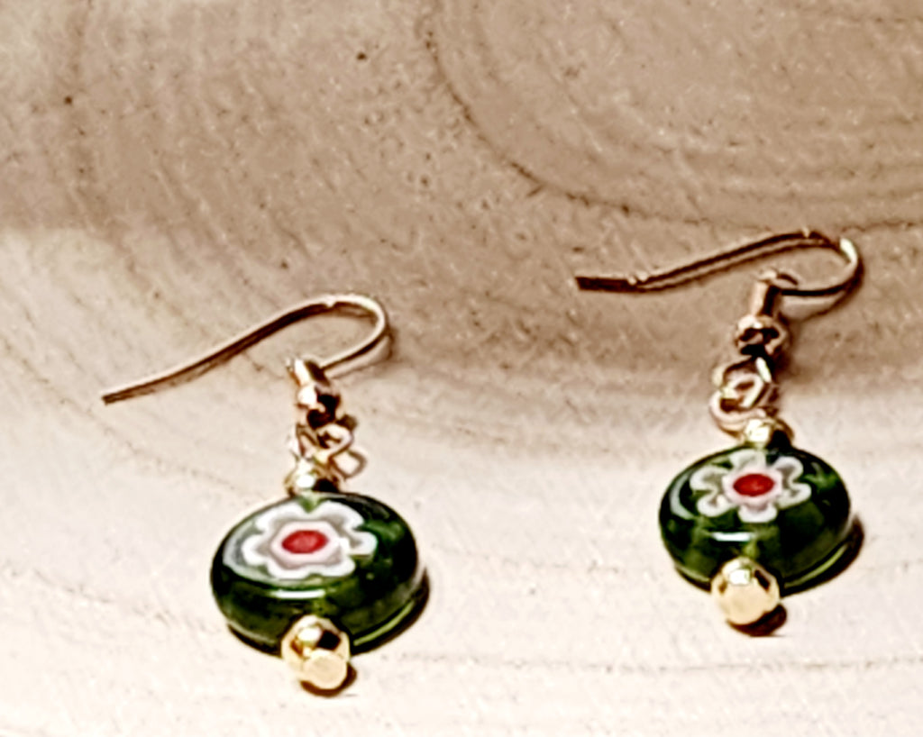 Colorful Floral Lampwork Glass Earrings - Flat Rondelle Beads