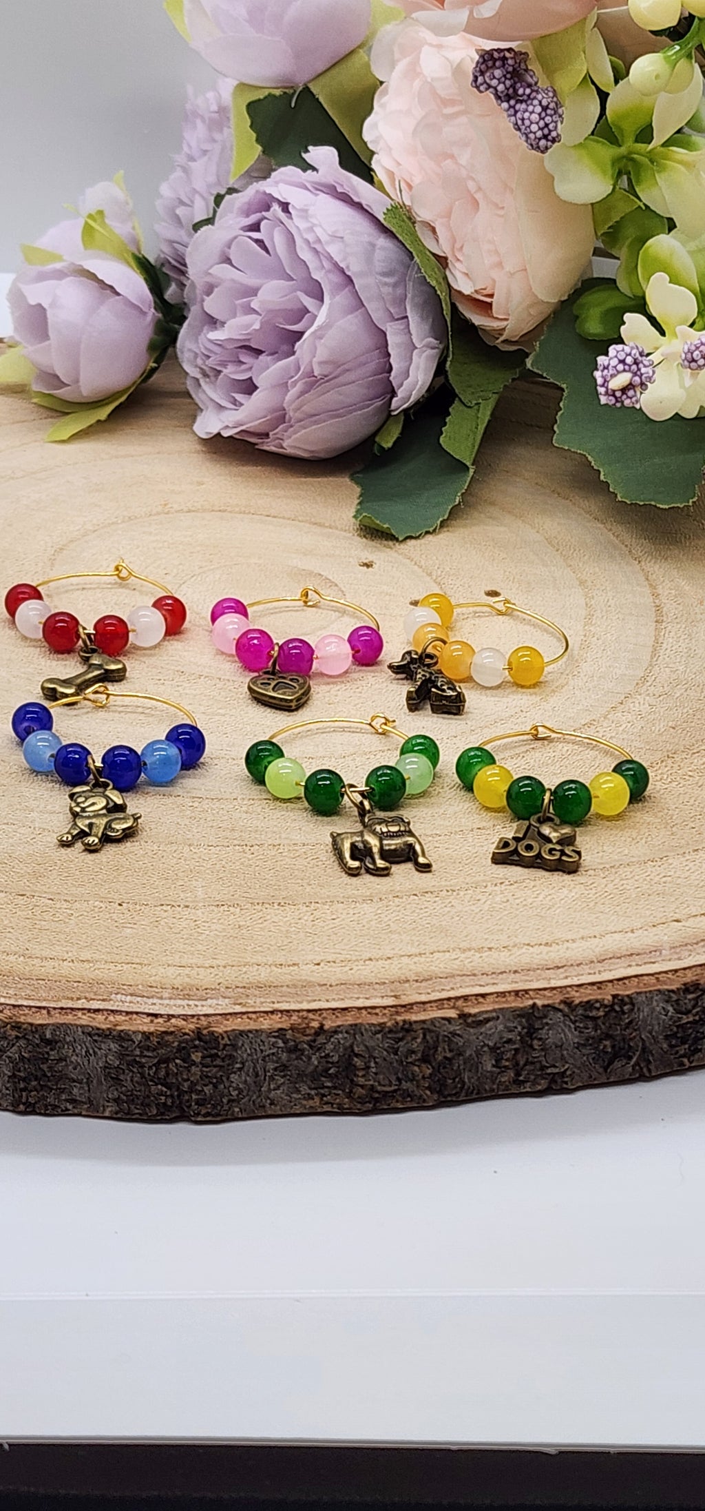 Wine glass markers with glass and gemstone beads and various themes of charms