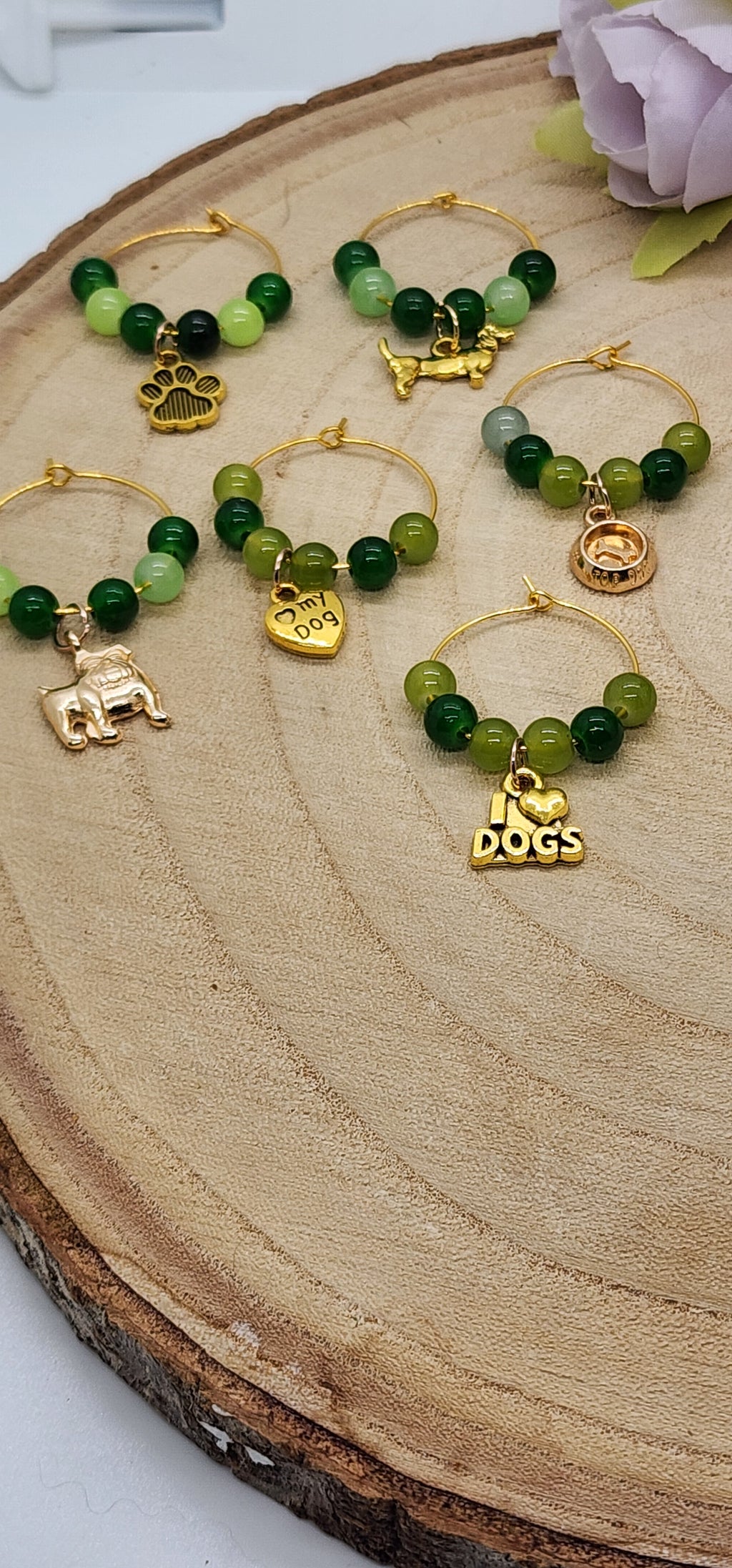 Wine glass markers with glass and gemstone beads and various themes of charms