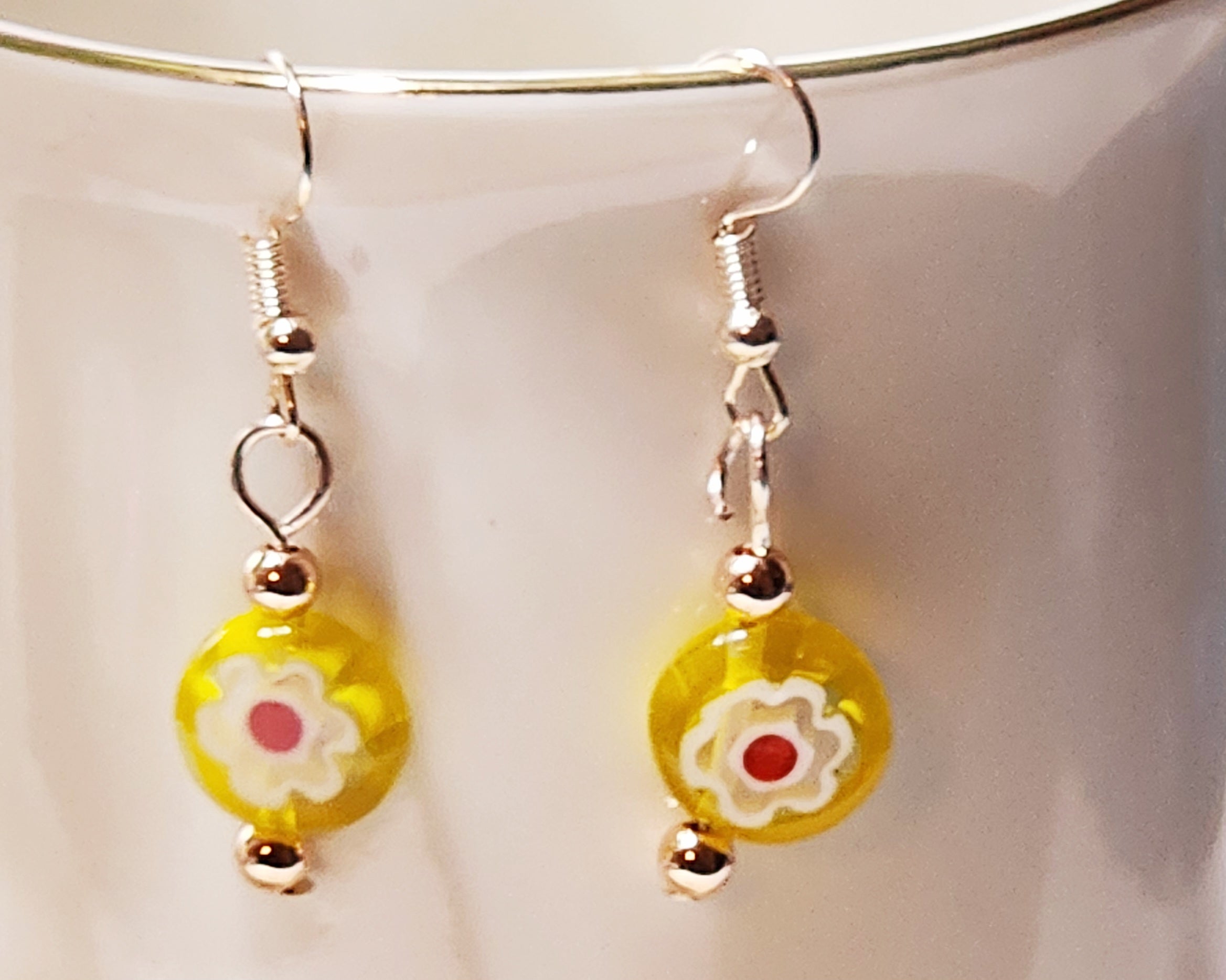 Colorful Floral Lampwork Glass Earrings - Flat Rondelle Beads