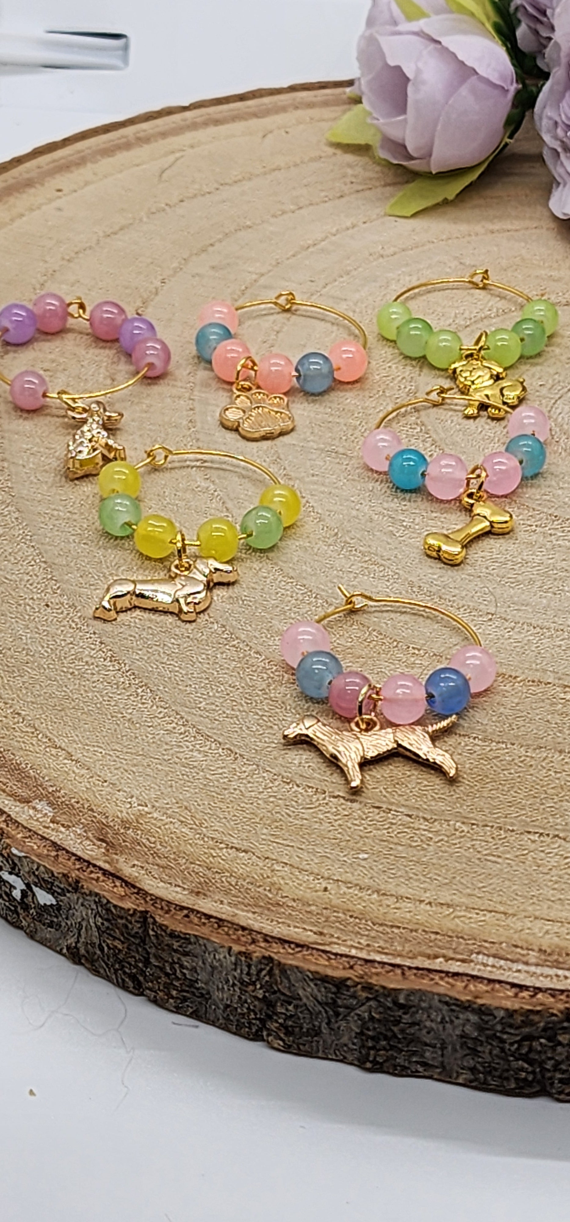 Wine glass markers with glass and gemstone beads and various themes of charms