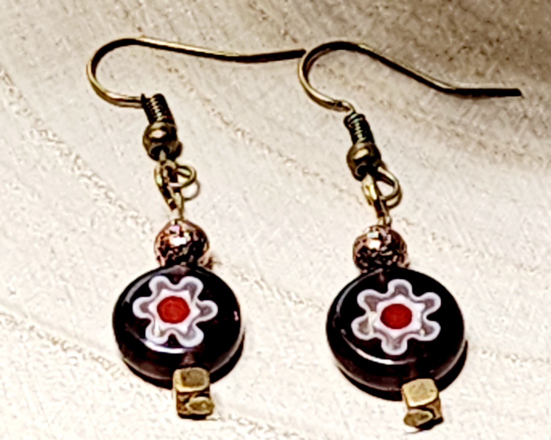 Colorful Floral Lampwork Glass Earrings - Flat Rondelle Beads