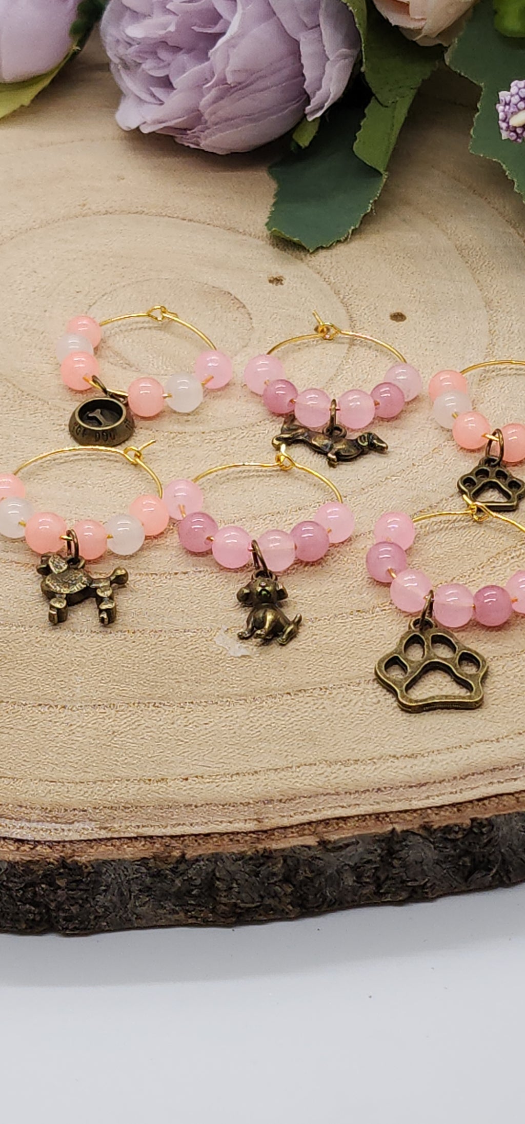 Wine glass markers with glass and gemstone beads and various themes of charms