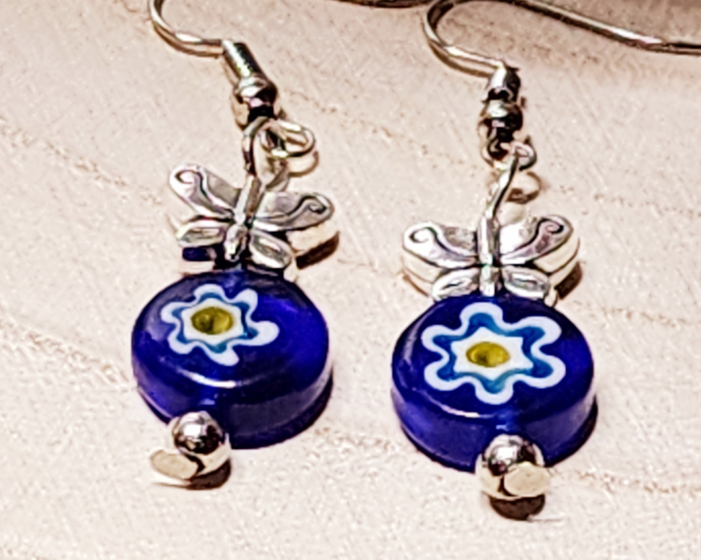 Colorful Floral Lampwork Glass Earrings - Flat Rondelle Beads