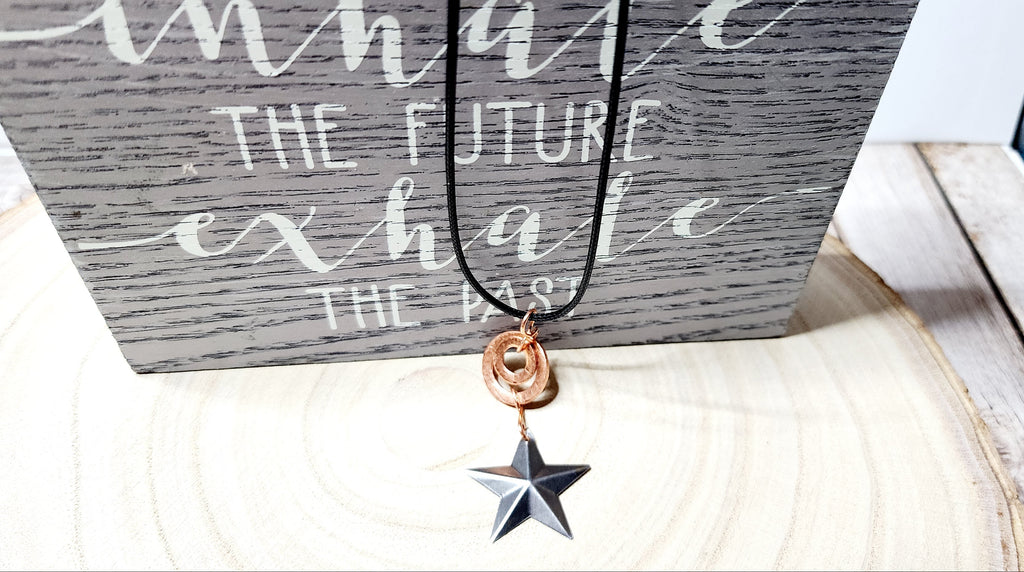Handcrafted Hammered Copper Washer Necklace with Silver  Star or Copper  Bead on Black Cord