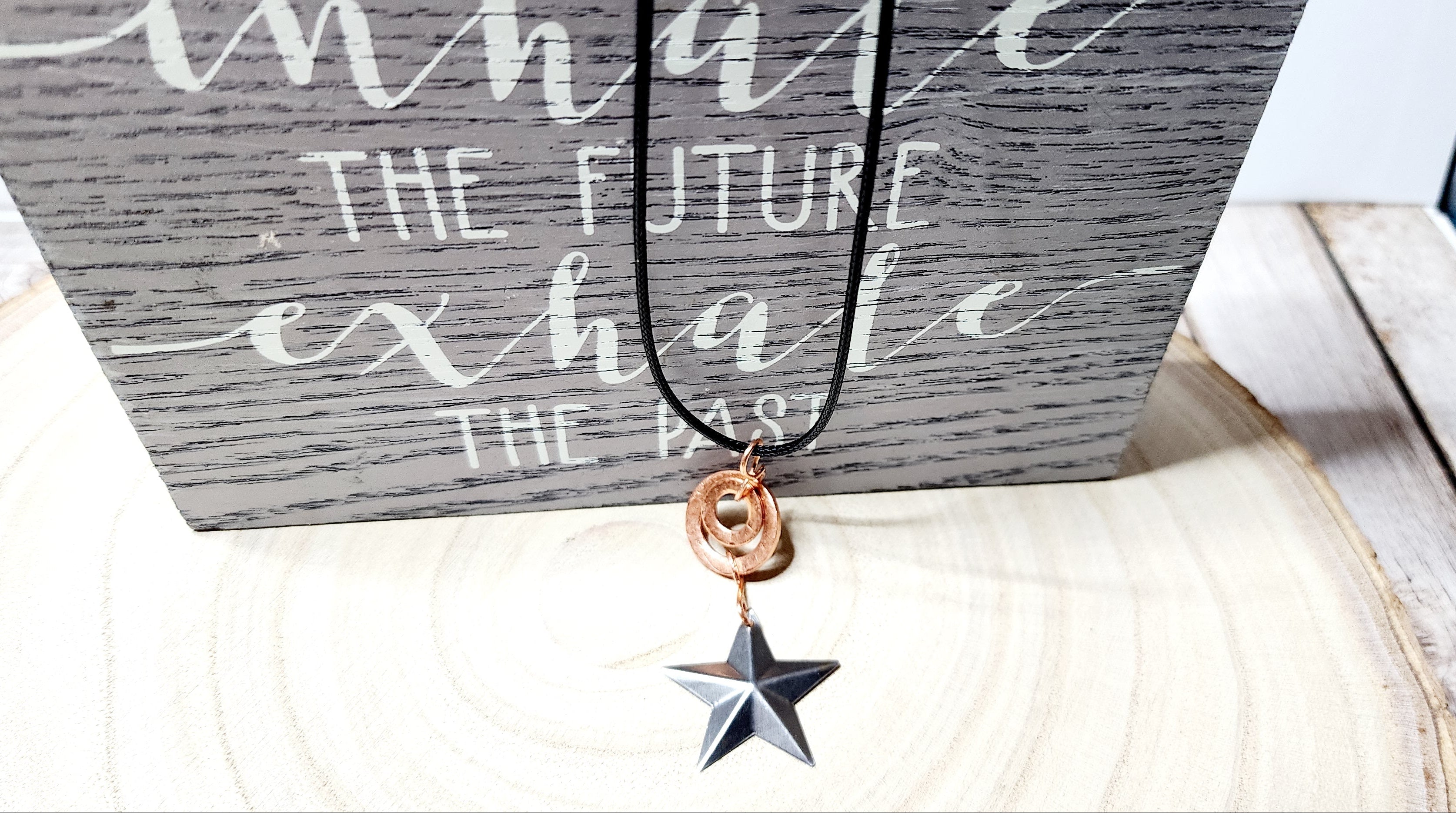Handcrafted Hammered Copper Washer Necklace with Silver  Star or Copper  Bead on Black Cord
