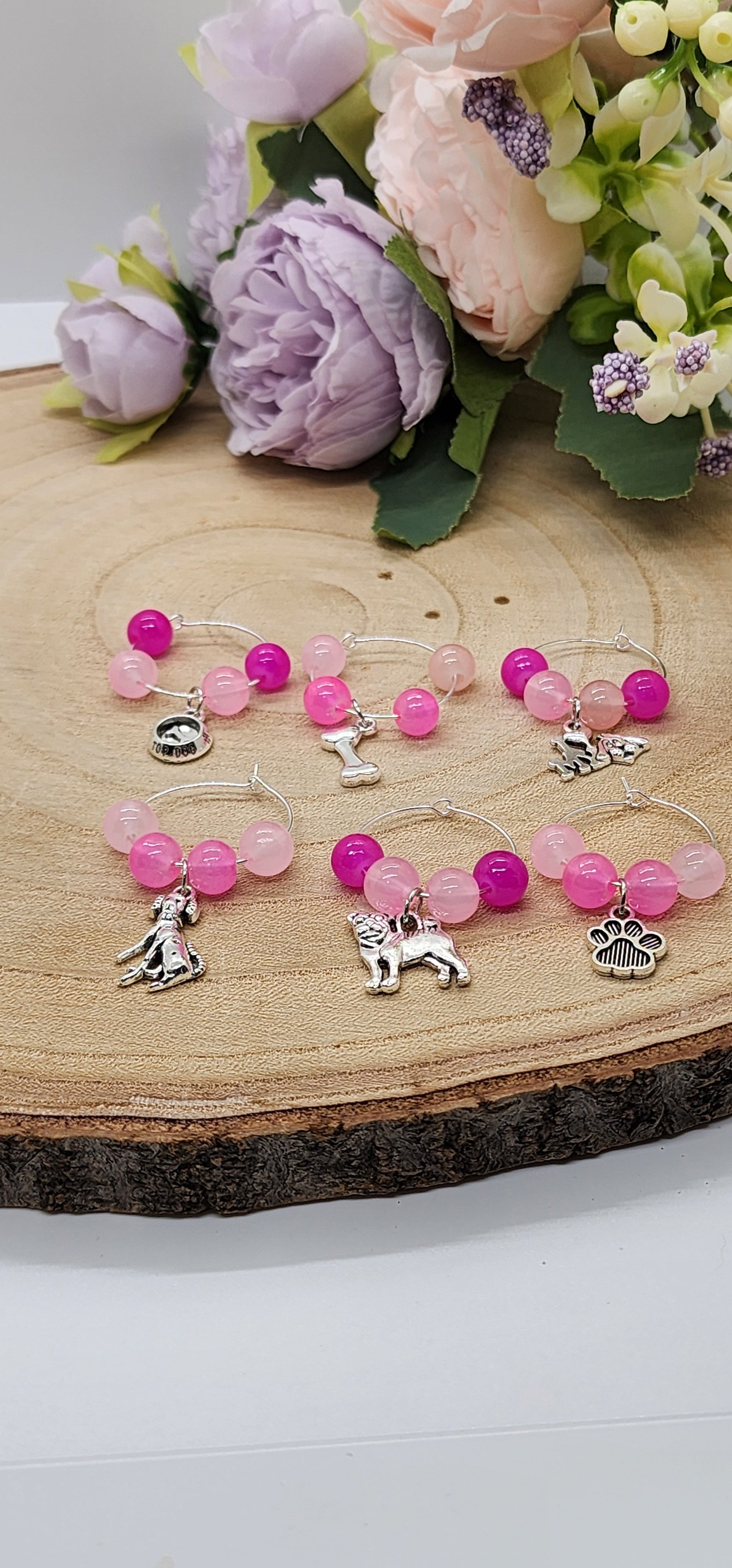 Wine glass markers with glass and gemstone beads and various themes of charms