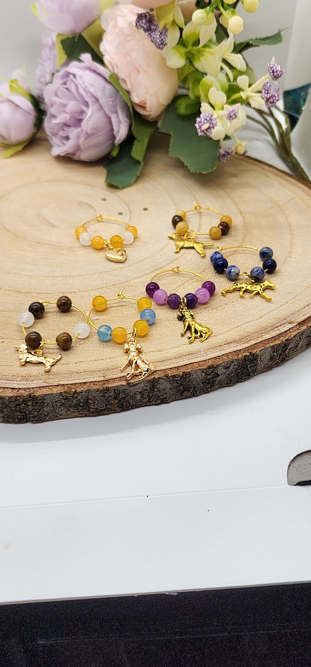 Wine glass markers with glass and gemstone beads and various themes of charms