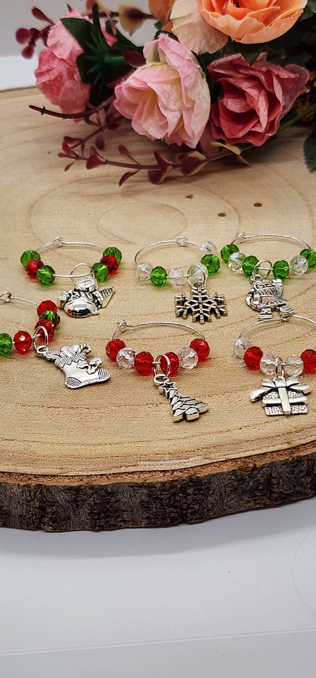 Wine glass markers with glass and gemstone beads and various themes of charms