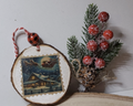 Rustic Wood Slice Christmas Ornament , Santa & Reindeer Flying Over Snowy Cottage